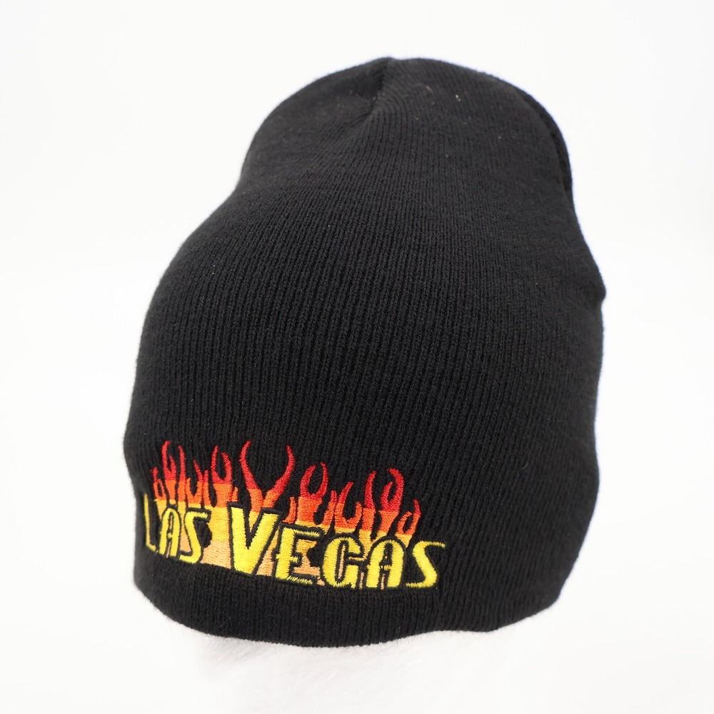 Las Vegas Beanie‎ Unisex One Size Black Flame Embroidered Knit Hat USA Made